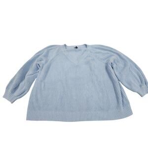 Lands’ End Drifter Sweater 3X Cotton Light Blue V Neck Bishop Sleeve Knit Women